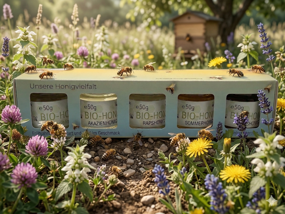 Mini Honig Set mit 5 Gläsern „Einmal quer durch den Bienenstock“ – weitere Ansicht