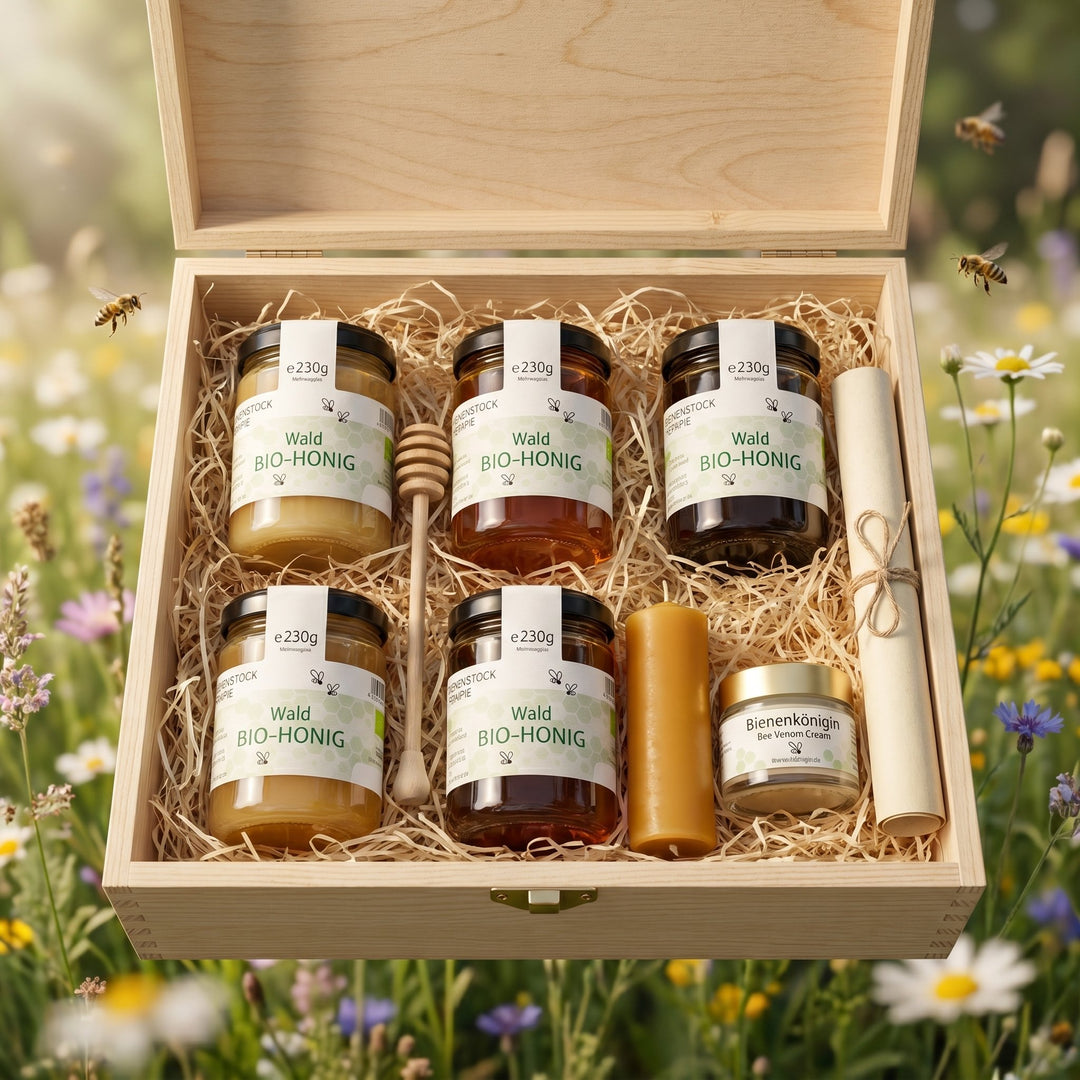 Bienenpatenschaft Bienenkönigin – Holzbox mit Honiggläsern