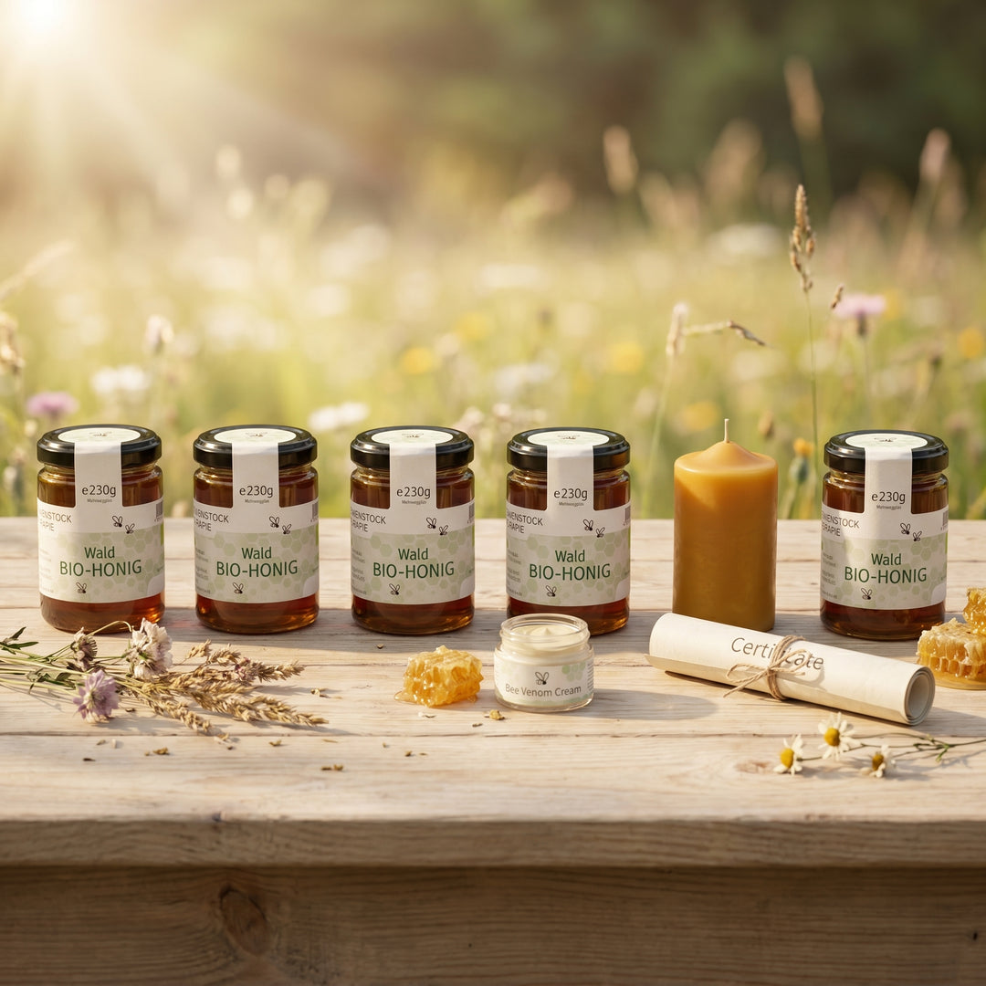 Bienenpatenschaft Bienenkönigin – Honig auf Holztisch