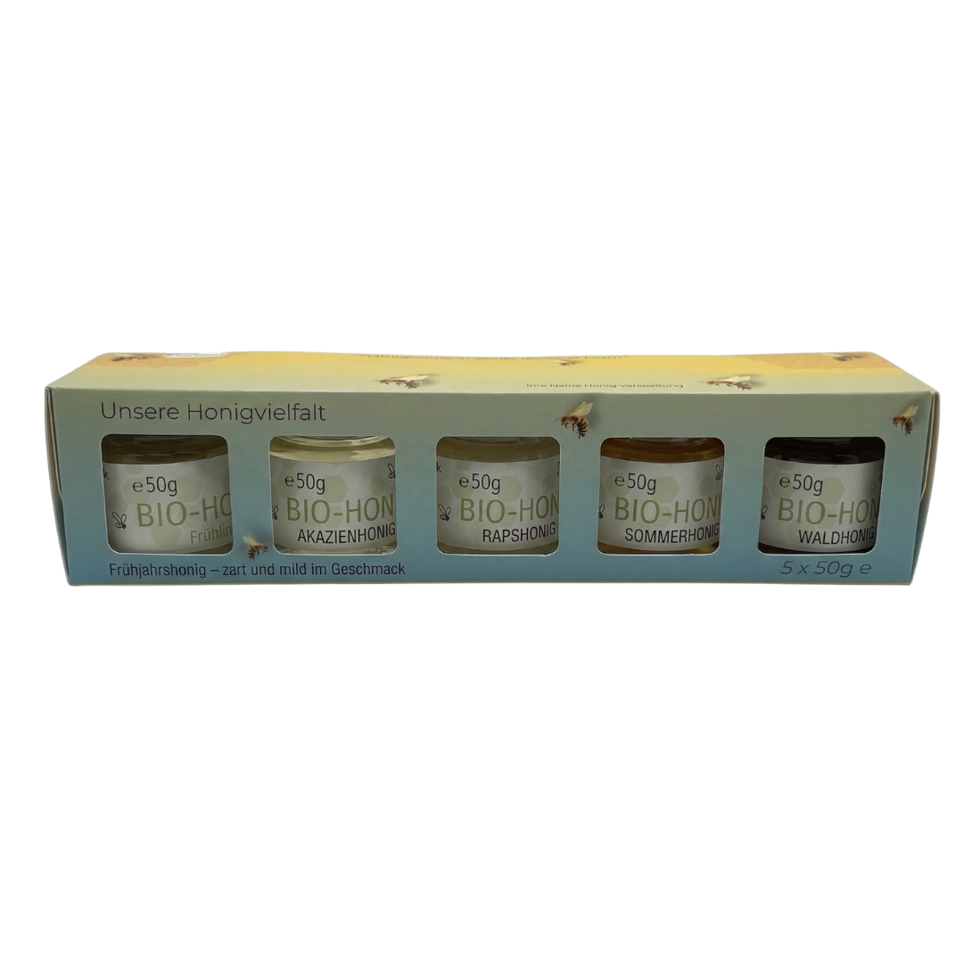 Mini Honig Set mit 5 Gläsern „Einmal quer durch den Bienenstock“