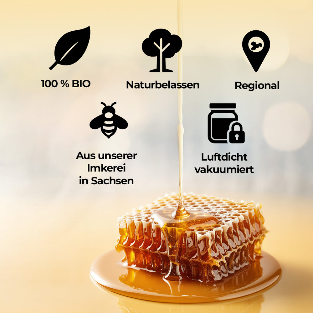 Bio Wabenhonig Frühlingshonig – 100 % Bio, naturbelassen, regional aus sächsischer Imkerei, vakuumiert