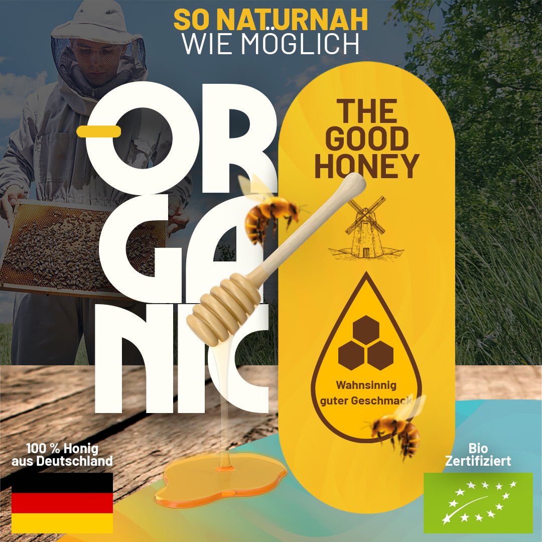 Imker mit Honigwabe, Honiglöffel und Bio-Siegel – 100 % Bio-Honig aus Deutschland