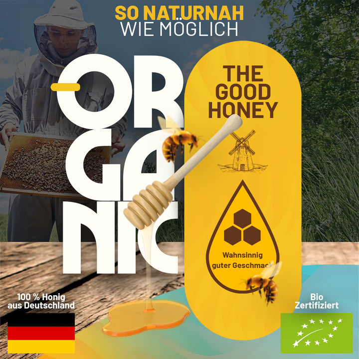 Imker mit Honigwabe, Honiglöffel und Bio-Siegel – 100 % Bio-Honig aus Deutschland